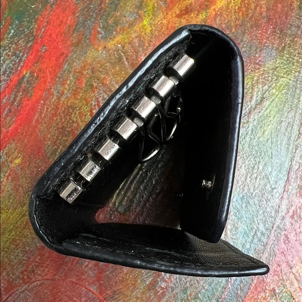 PRADA Leather Ring Key Case Wallet BlackTextured SilverTone Hardware Logo Auth.